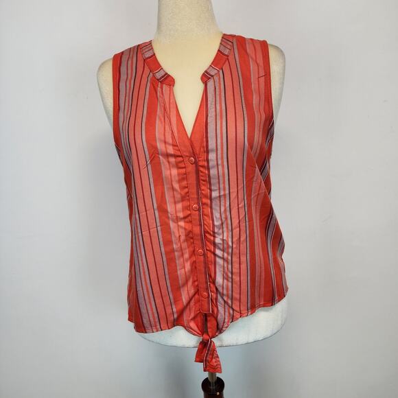 Sanctuary Sleeveless Tie Front Blouse Size L Orange Striped Split V-neck Casual - Picture 1 of 11
